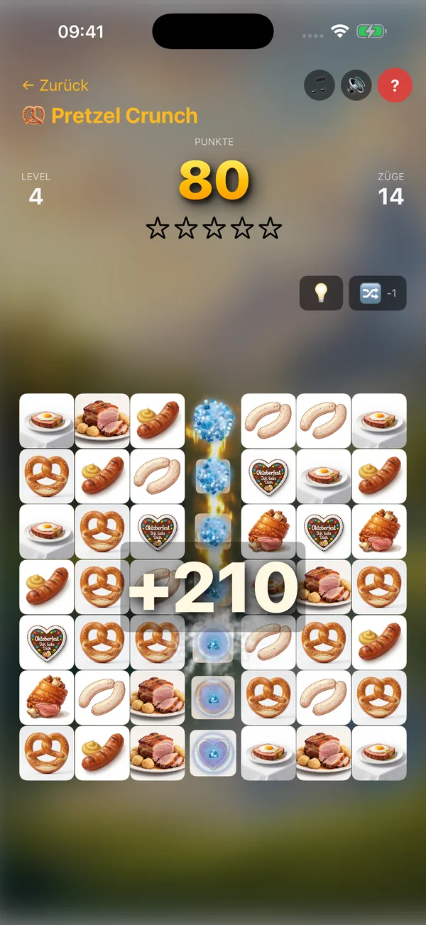 Pretzel Crunch Level 4 – Match-3-Spielfeld mit Brezel, Weißwurst und Oktoberfest-Lebkuchenherz, Specials-Effekt mit 210 Bonuspunkten
