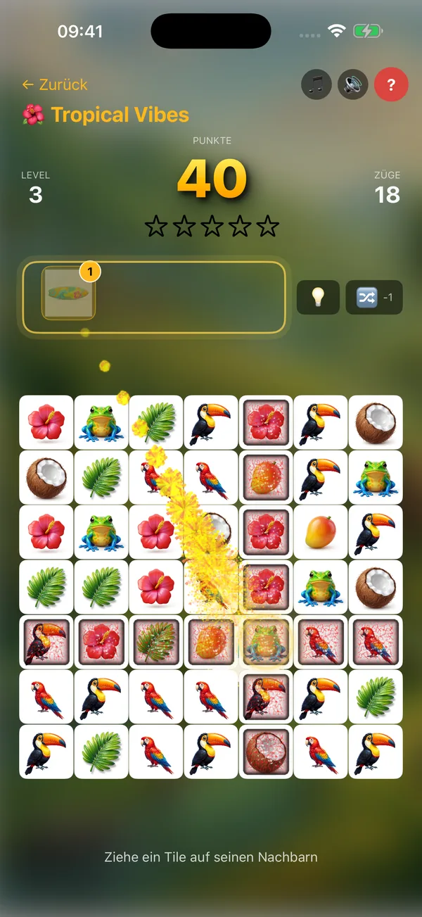 Tropical Vibes Level 3 – Swap-Puzzle mit Hibiskus, Tukan, Papagei und Frosch als Spielsteine