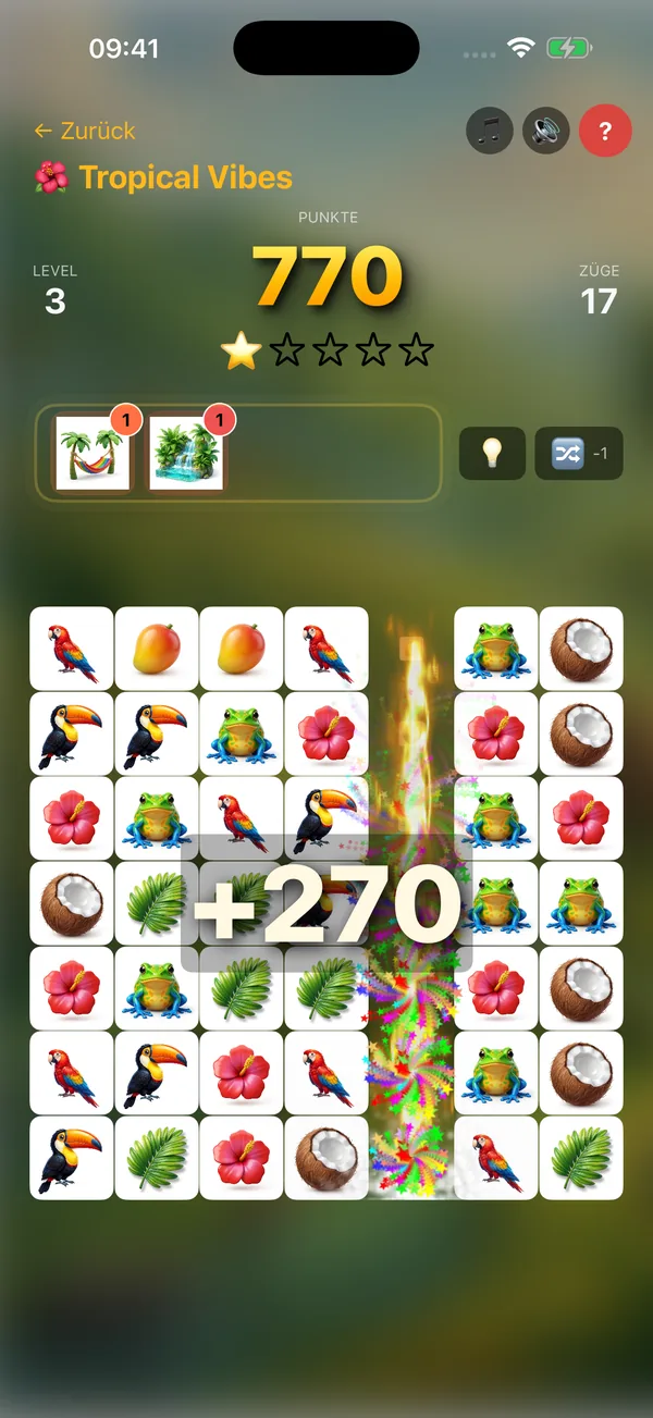 Tropical Vibes – Match-3 Combo mit 270 Bonuspunkten und tropischen Food-Tiles wie Mango und Kokosnuss