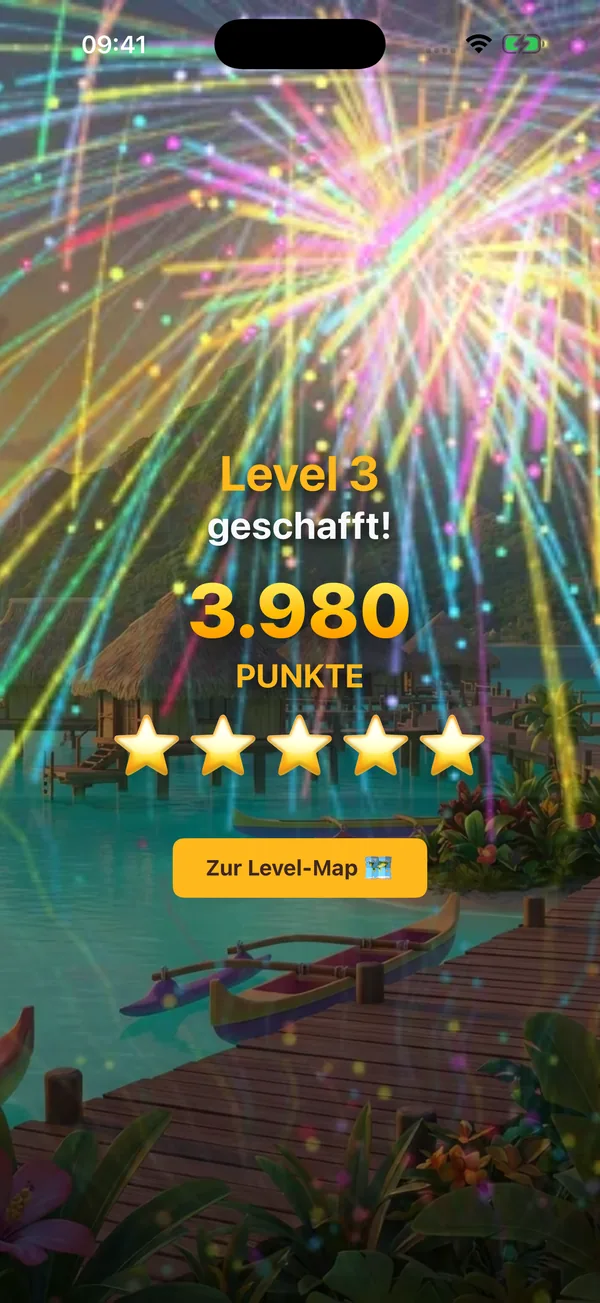 Level 3 geschafft – 5 Sterne und 3980 Punkte vor Bora-Bora-Kulisse mit Feuerwerk im Casual-Puzzle