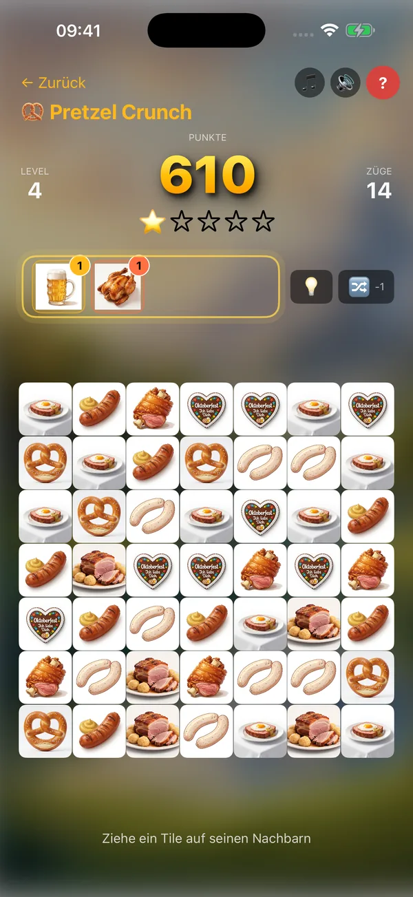 Pretzel Crunch Level 4 – Aufgaben-Tiles Bier-Mass und Brathähnchen, Brezel-Spielfeld im Oktoberfest-Stil