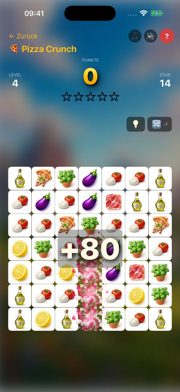 Pizza Crunch – italienisches Match-3-Spielfeld mit Pizza, Mozzarella, Tomate und Basilikum, 80 Bonuspunkte