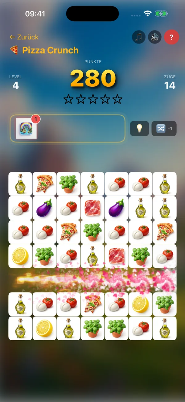 Pizza Crunch Level 4 – Swap-Puzzle mit mediterranen Food-Tiles und Regenbogen-Special als Aufgabe