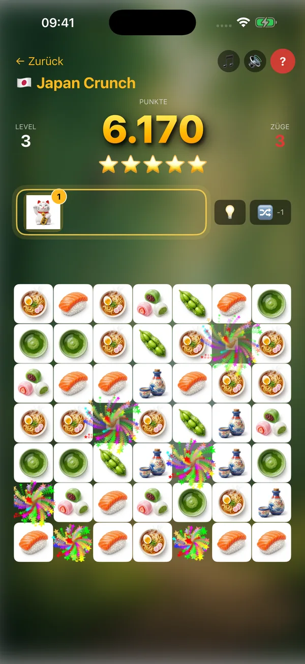 Japan Crunch – mehrere parallele Specials-Effekte auf dem Sushi-Spielfeld im Casual-Match3
